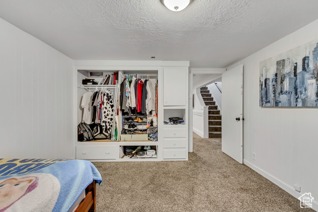 360 East Center Street Centerville, UT 84014 - Photo 27 of 41 Bedroom with light colored carpet, a textured ceiling, a closet, and wooden walls