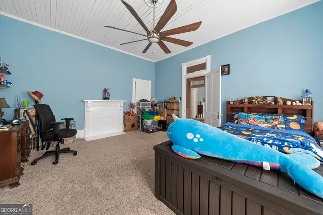 a view of a house with a small yard plants and large tree