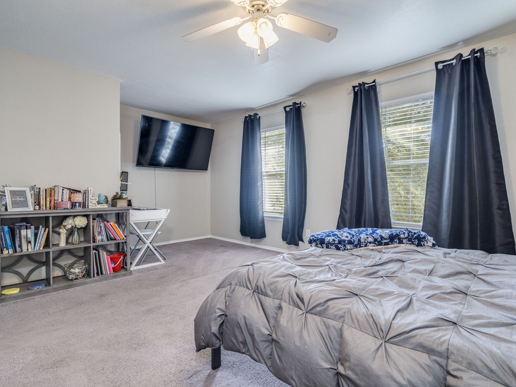 13021 Maidenhair Trail Elgin, TX 78621 - Photo 13 of 25 a bedroom with a bed a flat screen tv and a large window