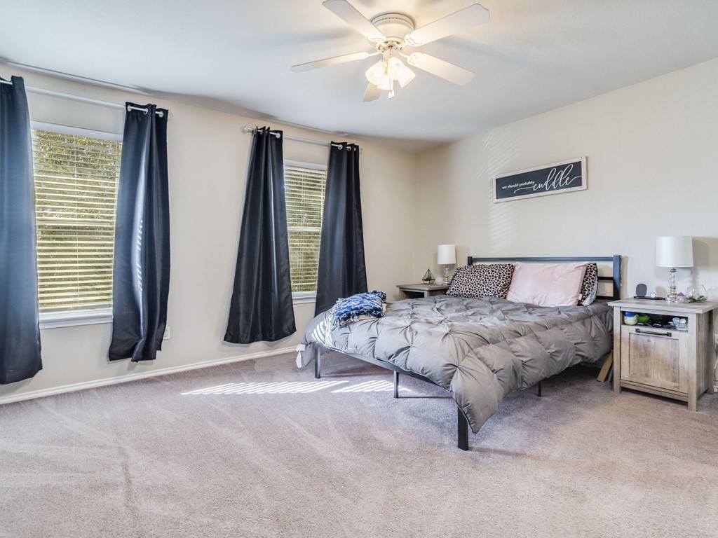 13021 Maidenhair Trail Elgin, TX 78621 - Photo 15 of 25 a bedroom with a bed and a chandelier