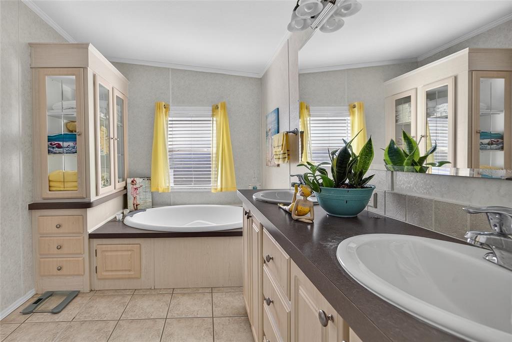 29221 Orangewood Street Punta Gorda, FL 33982 - Photo 17 of 38 a bathroom with a granite countertop sink a large mirror and a bathtub