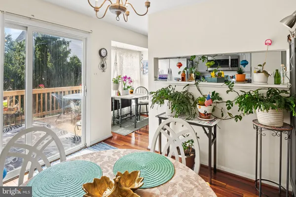a view of a dining room with furniture a potted plant and wooden floor