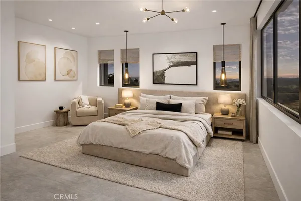 a bedroom with double bed and three large window