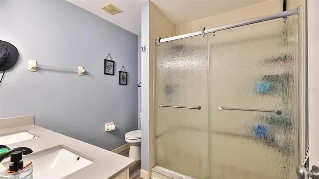 a bathroom with a shower and a toilet