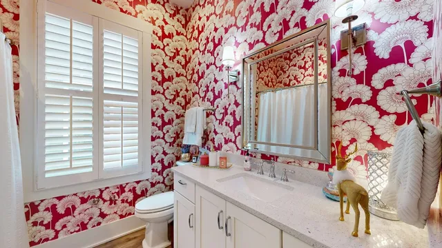a bathroom with a sink toilet vanity and a mirror