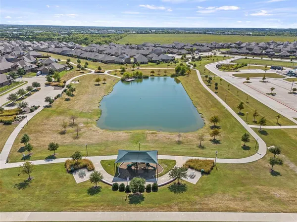 an aerial view of a swimming pool