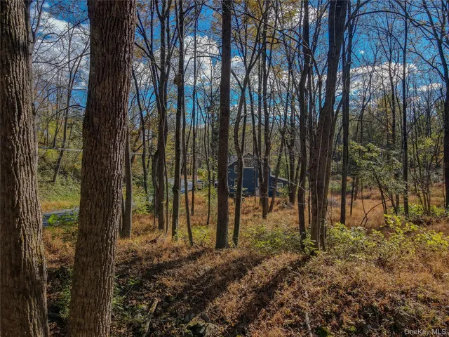 a view of a yard with wooden fence