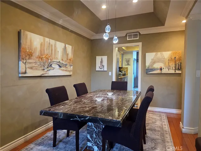 a view of a dining room with furniture