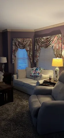 a living room with furniture and a lamp