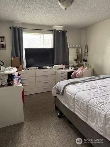 a bedroom with a bed and a flat screen tv