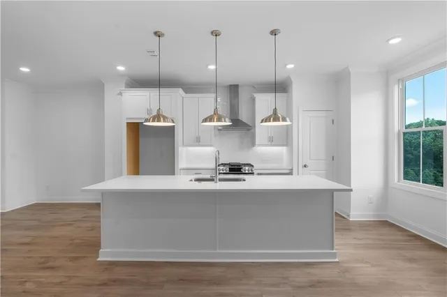 a kitchen with stainless steel appliances granite countertop a sink a stove and a wooden floors