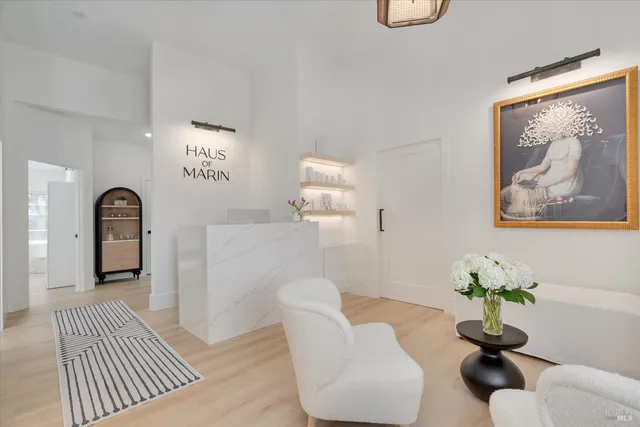 a living room with furniture flowerpot and wooden floor