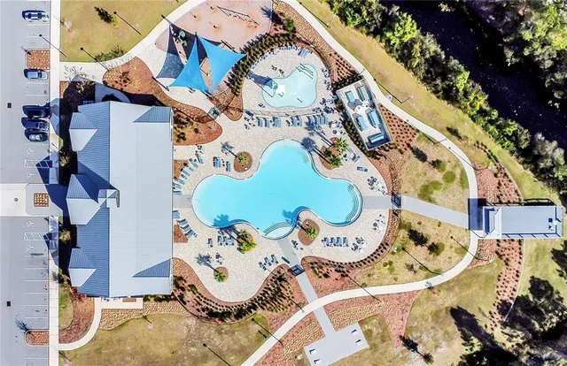 a view of a lake with couches