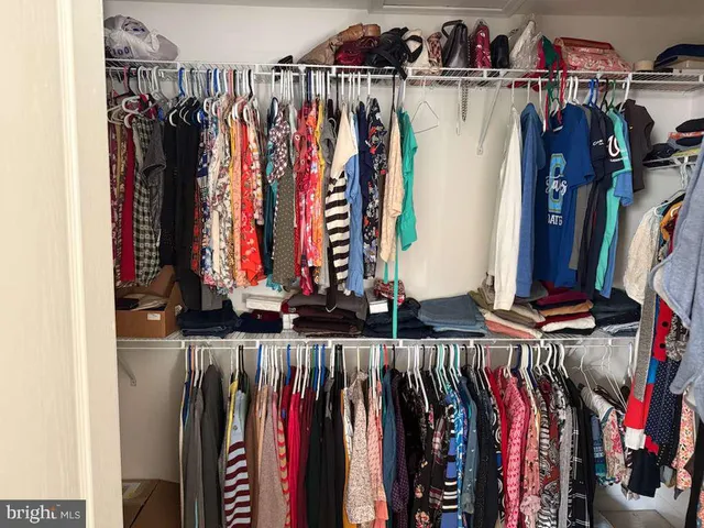 a view of walk in closet with clothes