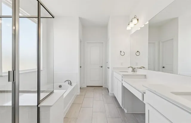 a bathroom with a sink double vanity and a mirror