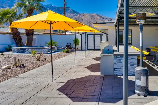 a view of outdoor space with granite countertop lots of clutter