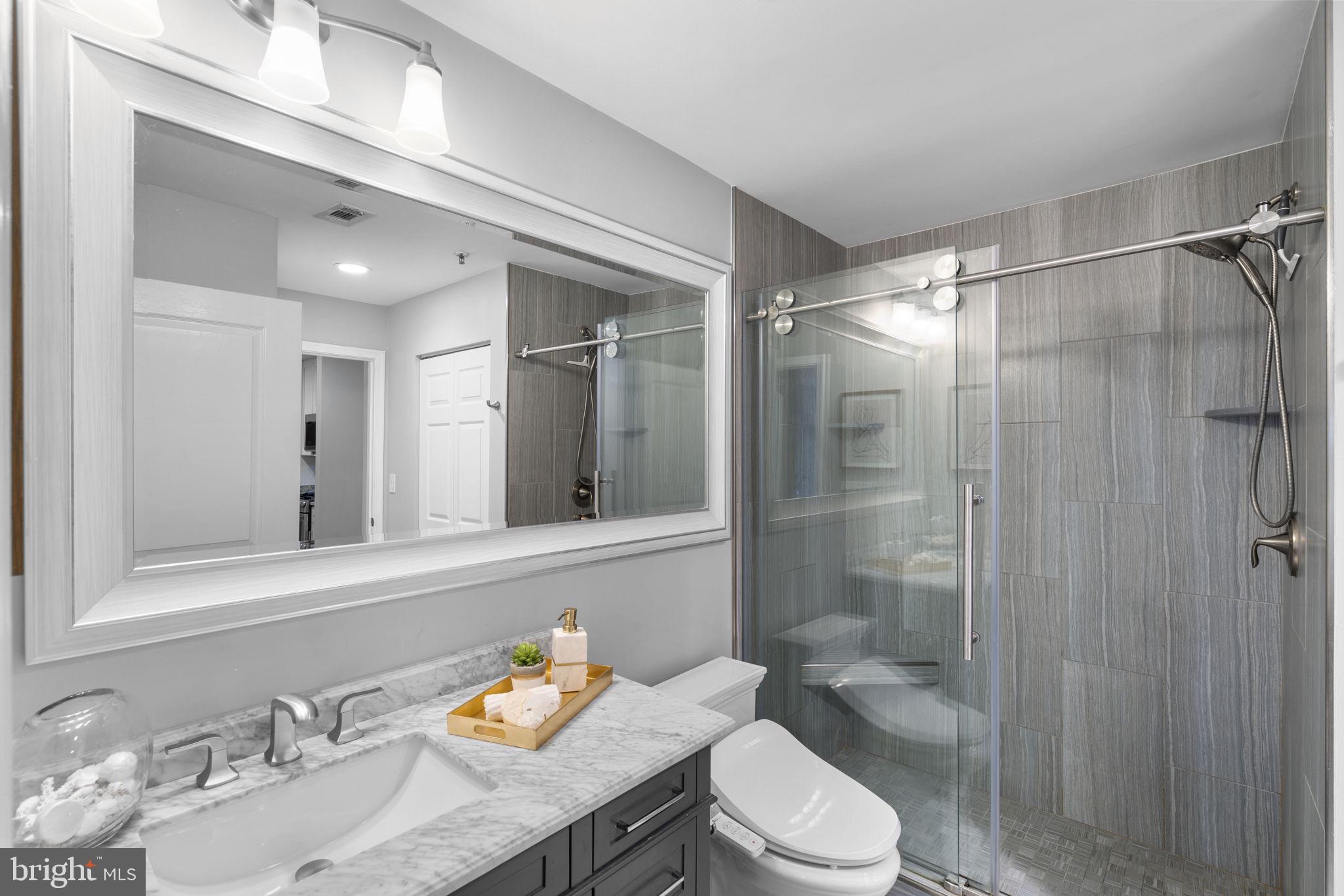 5575 Seminary Road, Unit 102 Falls Church, VA 22041 - Photo 18 of 31 a bathroom with a granite countertop sink toilet a mirror and shower