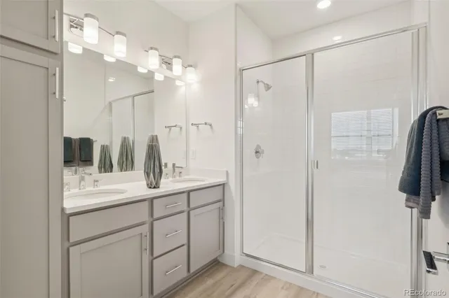 a bathroom with a sink a mirror a vanity and shower
