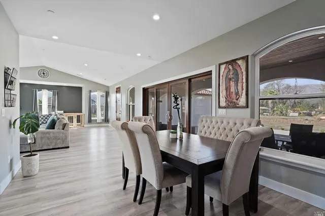 a view of a dining room with furniture