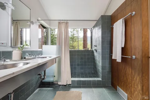 a bathroom with a sink a mirror and a shower