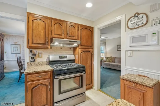 a kitchen with stainless steel appliances granite countertop a stove and a refrigerator