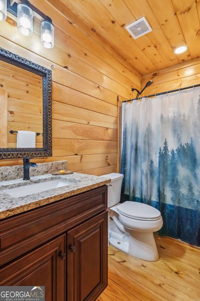245 Timberwalk Drive, Unit 16 Ellijay, GA 30540 - Photo 29 of 56 a bathroom with a granite countertop toilet sink and a mirror