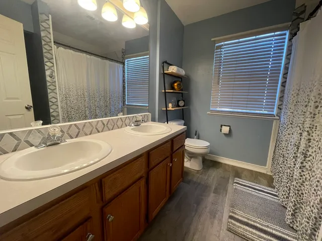 a bathroom with a double vanity sink toilet and a mirror