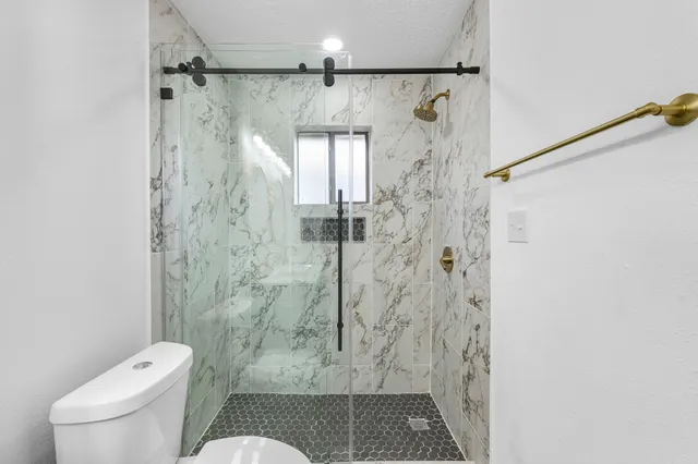 a bathroom with a shower and toilet