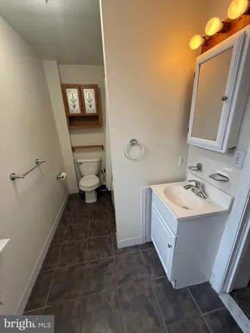 a bathroom with a sink a toilet and mirror