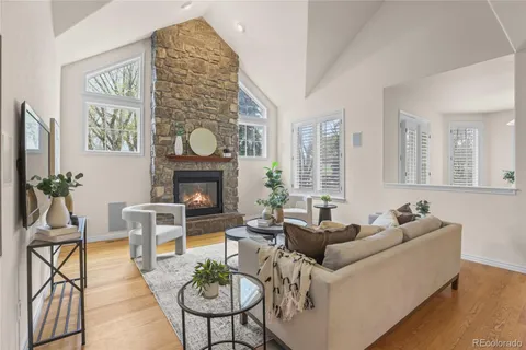 a living room with furniture a fireplace and a potted plant