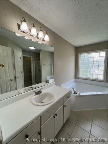 a bathroom with a sink a large mirror and a bathtub