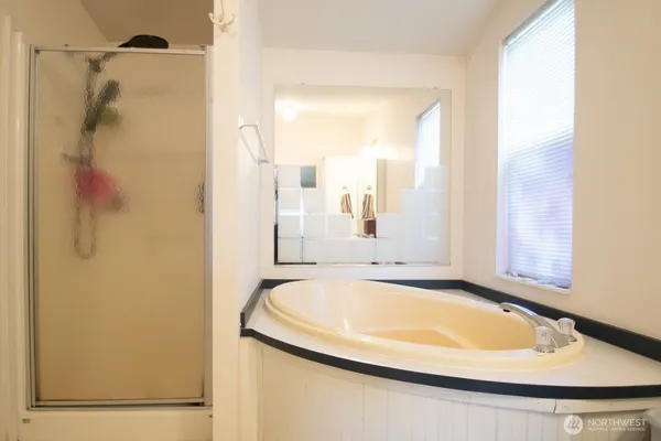 a bathroom with a tub and shower
