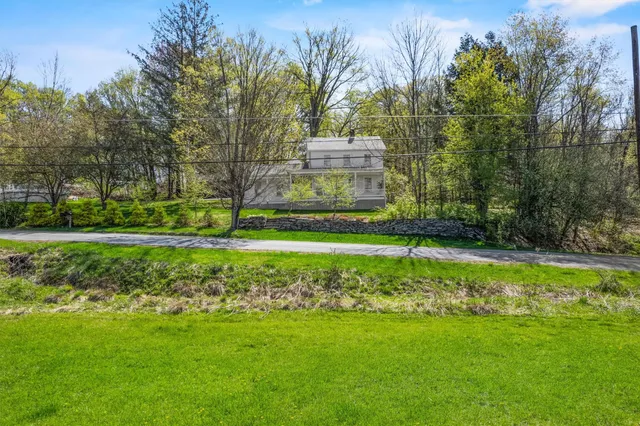 a view of a park with large trees