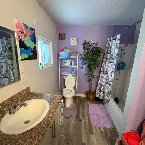 a bathroom with a sink toilet and mirror