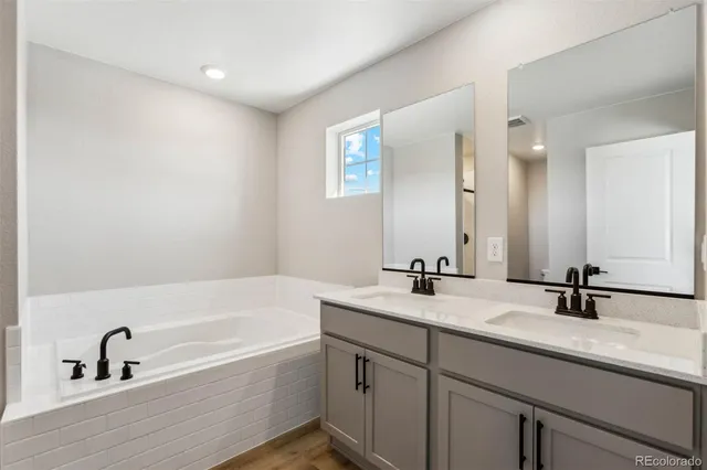 a bathroom with a tub sink and mirror