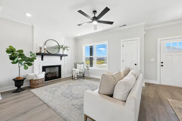 a living room with furniture a fireplace and a potted plant