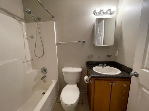 a bathroom with a toilet sink vanity shower and mirror