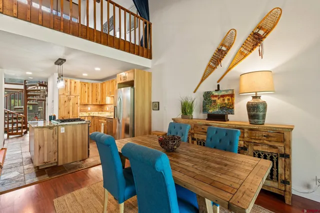 a view of a dining room with furniture