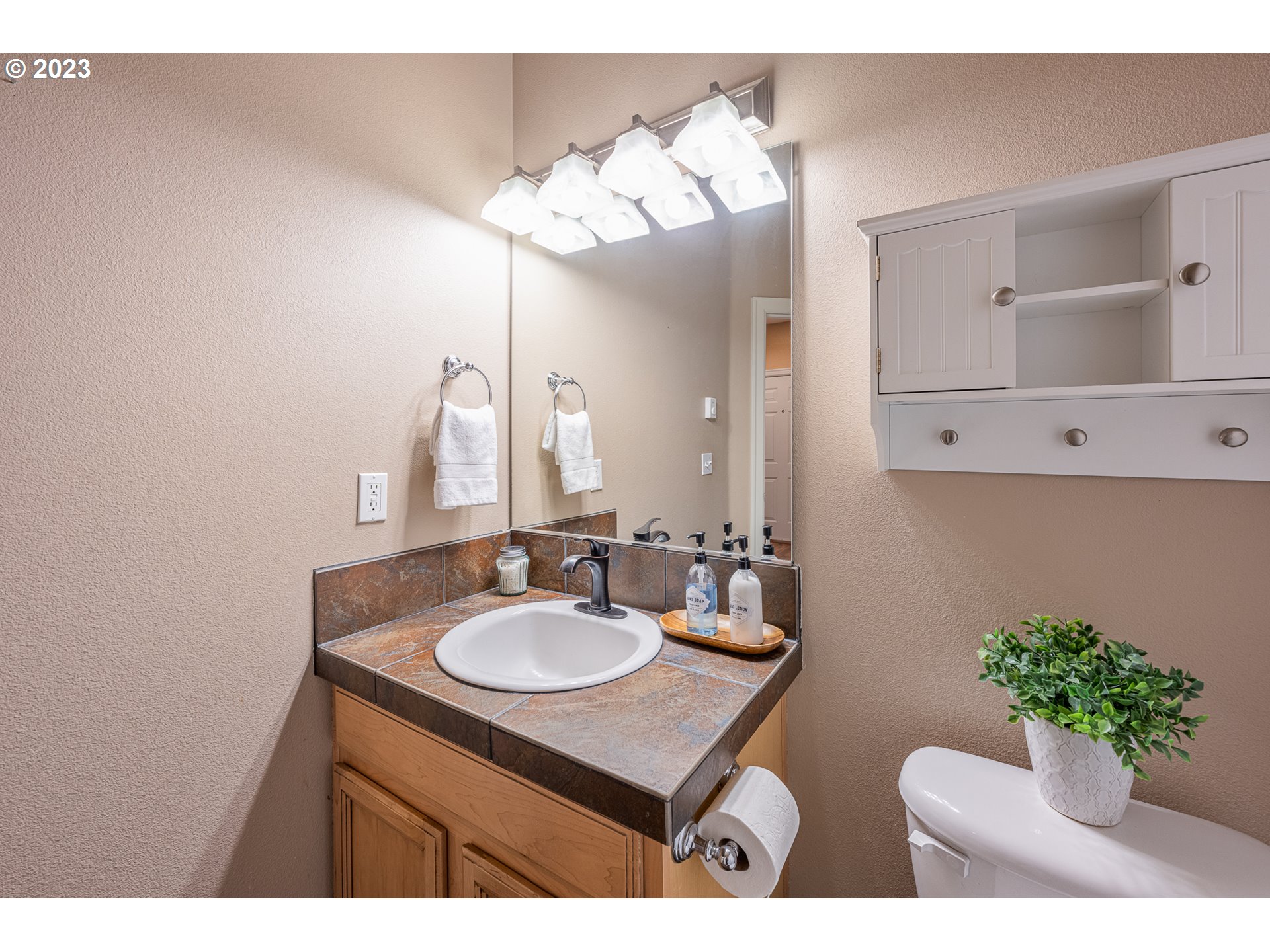 17335 Ruben Lane, Unit 19 Sandy, OR 97055 - Photo 18 of 27 a bathroom with a sink a mirror and a potted plant