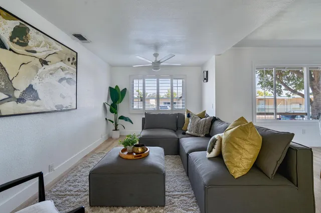 a living room with furniture and a potted plant