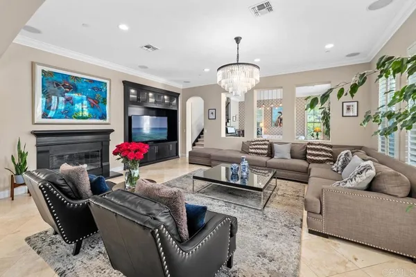 a living room with furniture a potted plant and a potted plant