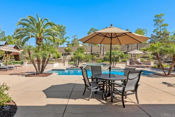 a swimming pool with outdoor seating and yard