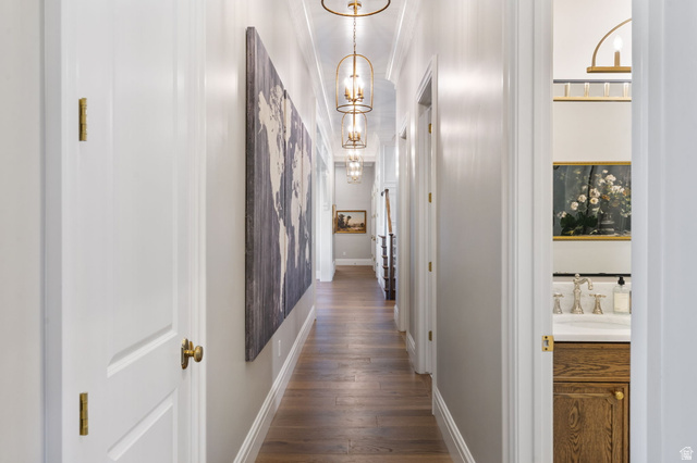 115 East Hidden Ridge Lane, Unit 42 Mapleton, UT 84664 - Photo 67 of 103 Hallway featuring wood-finish flooring, recessed lighting, and crown molding