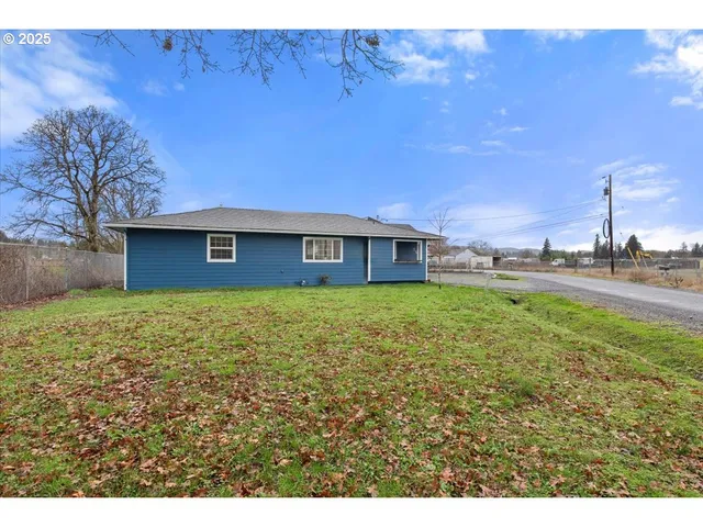 a view of a house with a yard and a large tree