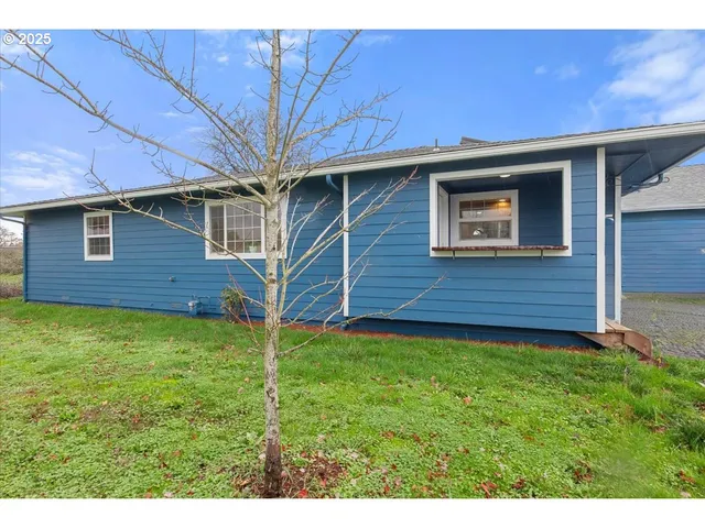 a backyard of a house with plants and wooden fence