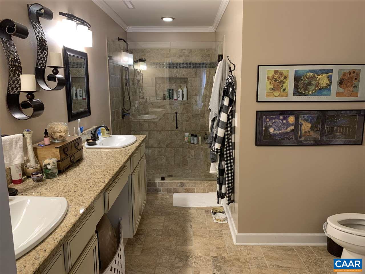2 Appletree Road Palmyra, VA 22963 - Photo 19 of 49 a bathroom with a granite countertop sink a toilet a mirror and shower