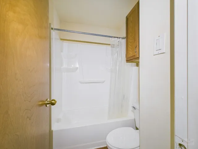 a bathroom with a shower and toilet