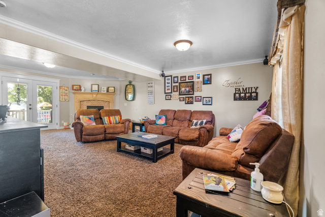 5727 South 3550th Street West Roy, UT 84067 - Photo 16 of 49 Spacious living area featuring neutral carpeting, a stone-surround fireplace, and crown molding