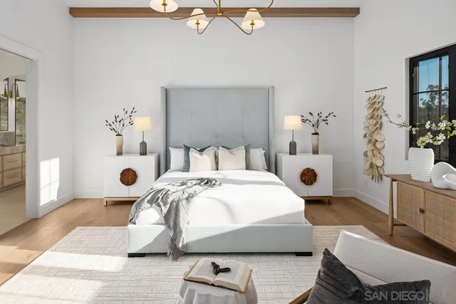 a spacious bedroom with a large bed and a large window