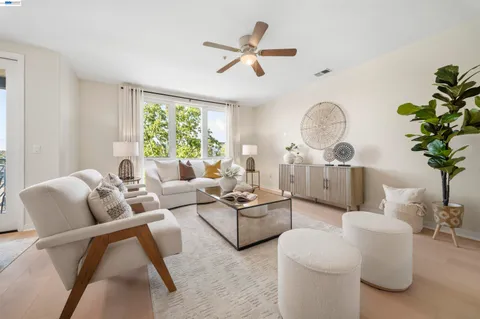 a view of a living room with furniture and a potted plant